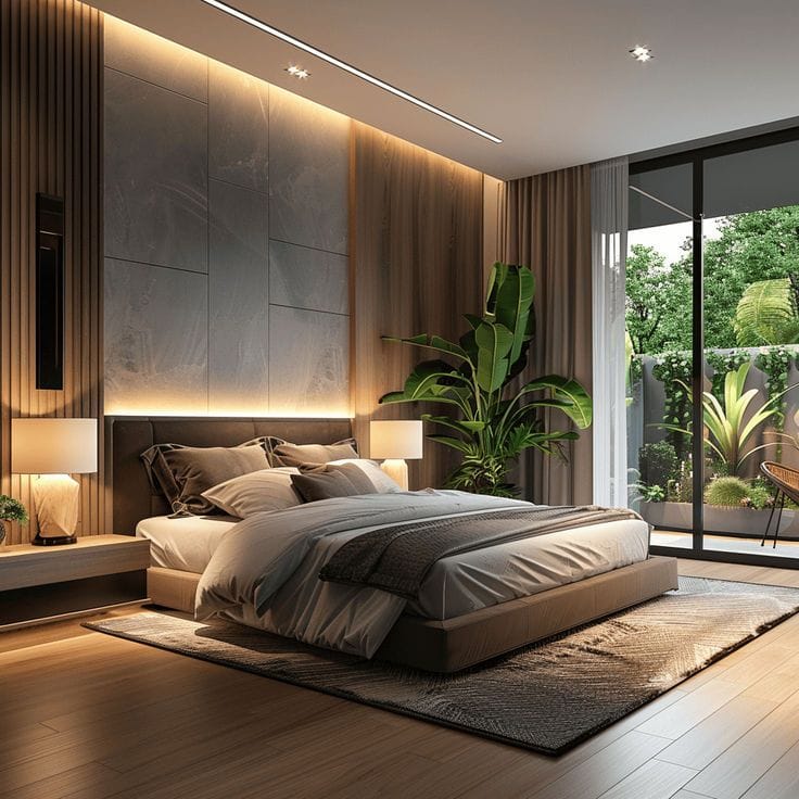 Modern bedroom_ Incorporating texture with woven accents and natural fibers